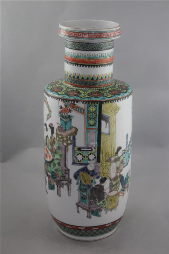 A Chinese famille verte rouleau vase, late 19th century, 45.5cm, restored